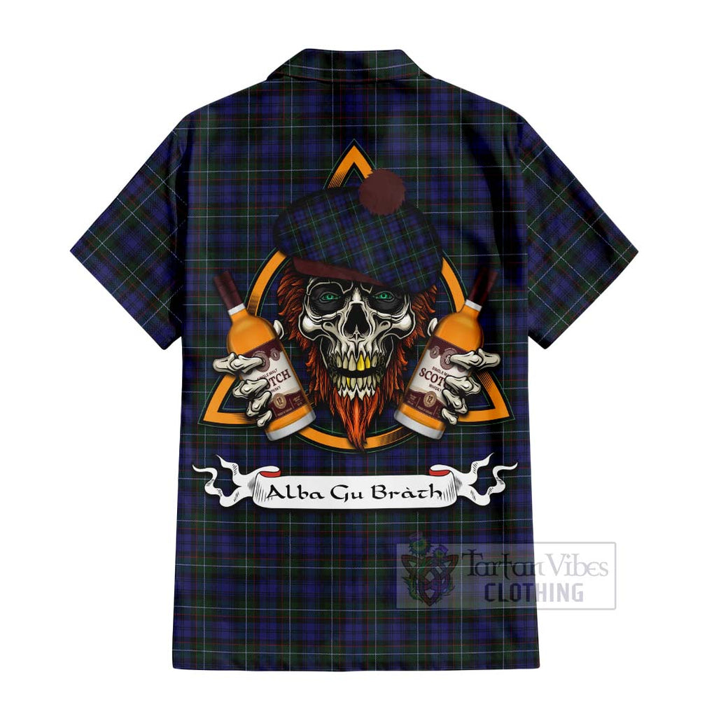 Tartan Vibes Clothing Sempill (Semple) Tartan Short Sleeve Button Shirt with Family Crest and Bearded Skull Holding Bottles of Whiskey