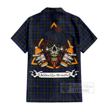 Sempill (Semple) Tartan Short Sleeve Button Shirt with Family Crest and Bearded Skull Holding Bottles of Whiskey