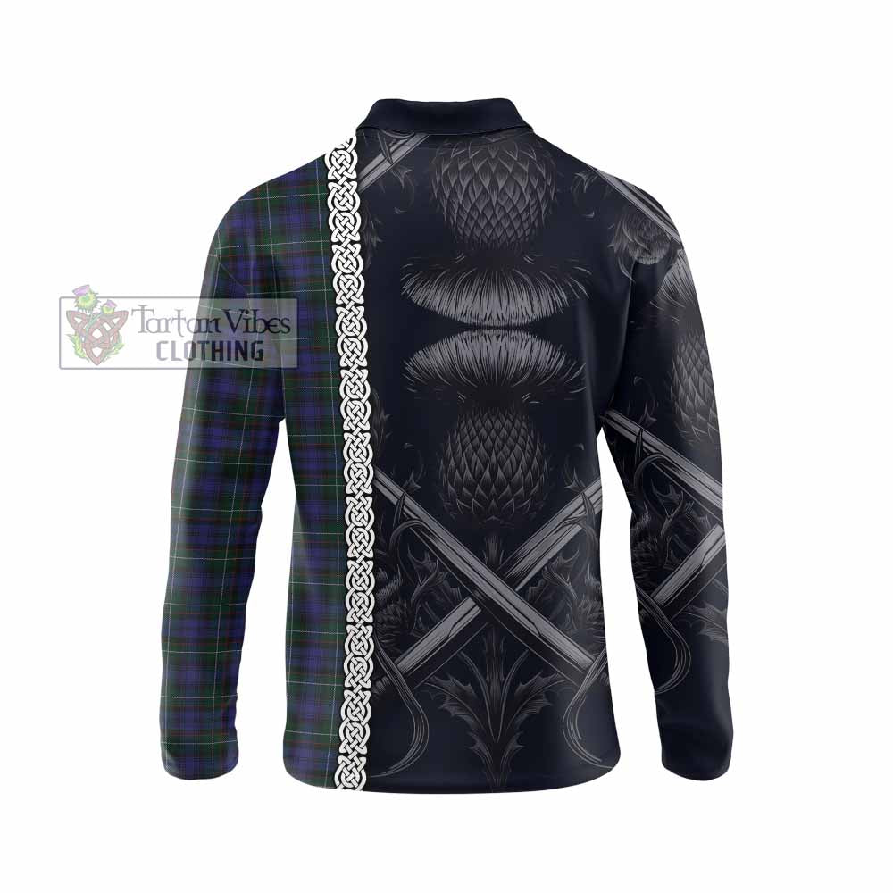 Tartan Vibes Clothing Sempill (Semple) Tartan Long Sleeve Polo Shirt with Family Crest Cross Sword Thistle Celtic Vibes