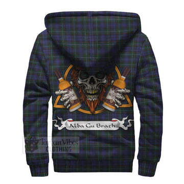 Sempill (Semple) Tartan Sherpa Hoodie with Family Crest and Bearded Skull Holding Bottles of Whiskey