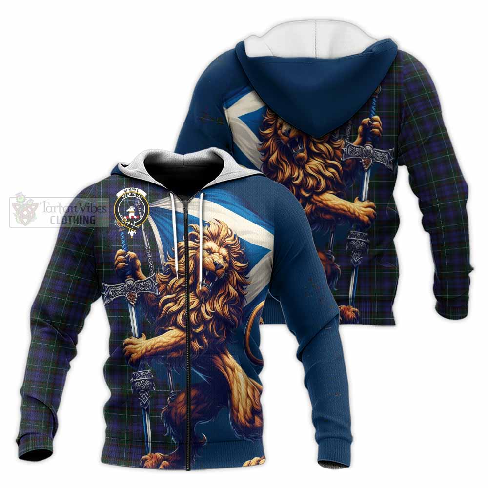 Tartan Vibes Clothing Sempill (Semple) Tartan Family Crest Knitted Hoodie with Scottish Majestic Lion