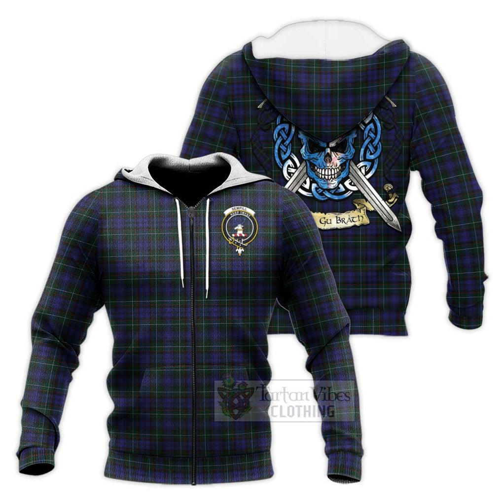 Tartan Vibes Clothing Sempill (Semple) Tartan Knitted Hoodie with Family Crest Celtic Skull Style