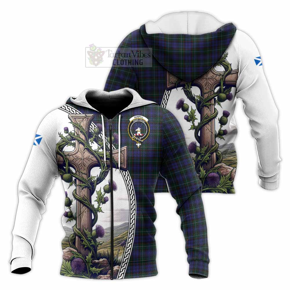 Tartan Vibes Clothing Sempill (Semple) Tartan Knitted Hoodie with Family Crest and St. Andrew's Cross Accented by Thistle Vines