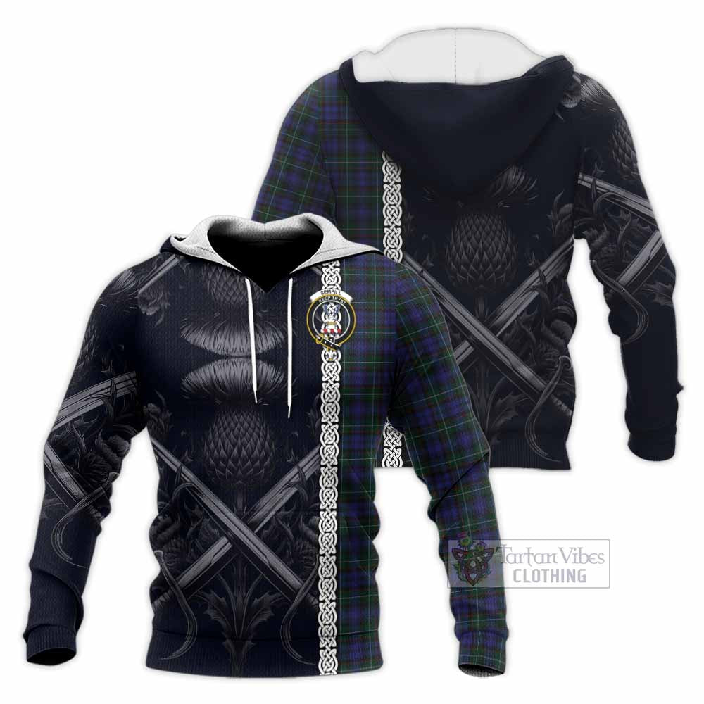 Tartan Vibes Clothing Sempill (Semple) Tartan Knitted Hoodie with Family Crest Cross Sword Thistle Celtic Vibes