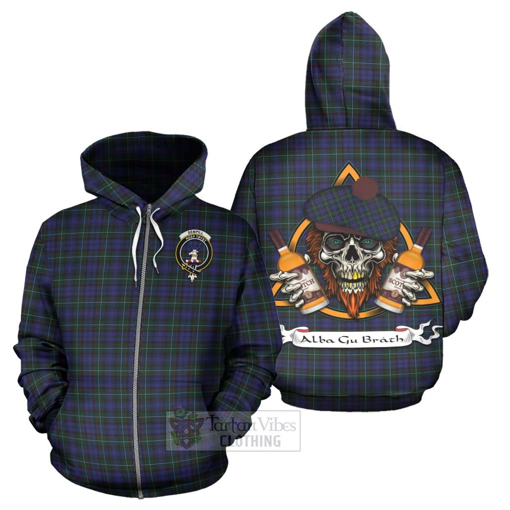 Tartan Vibes Clothing Sempill (Semple) Tartan Hoodie with Family Crest and Bearded Skull Holding Bottles of Whiskey