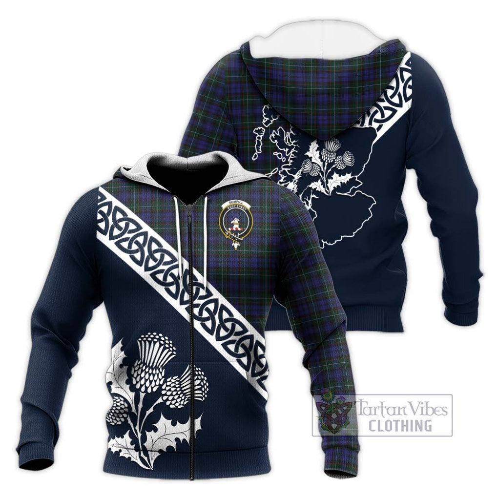 Tartan Vibes Clothing Sempill (Semple) Tartan Knitted Hoodie Featuring Thistle and Scotland Map