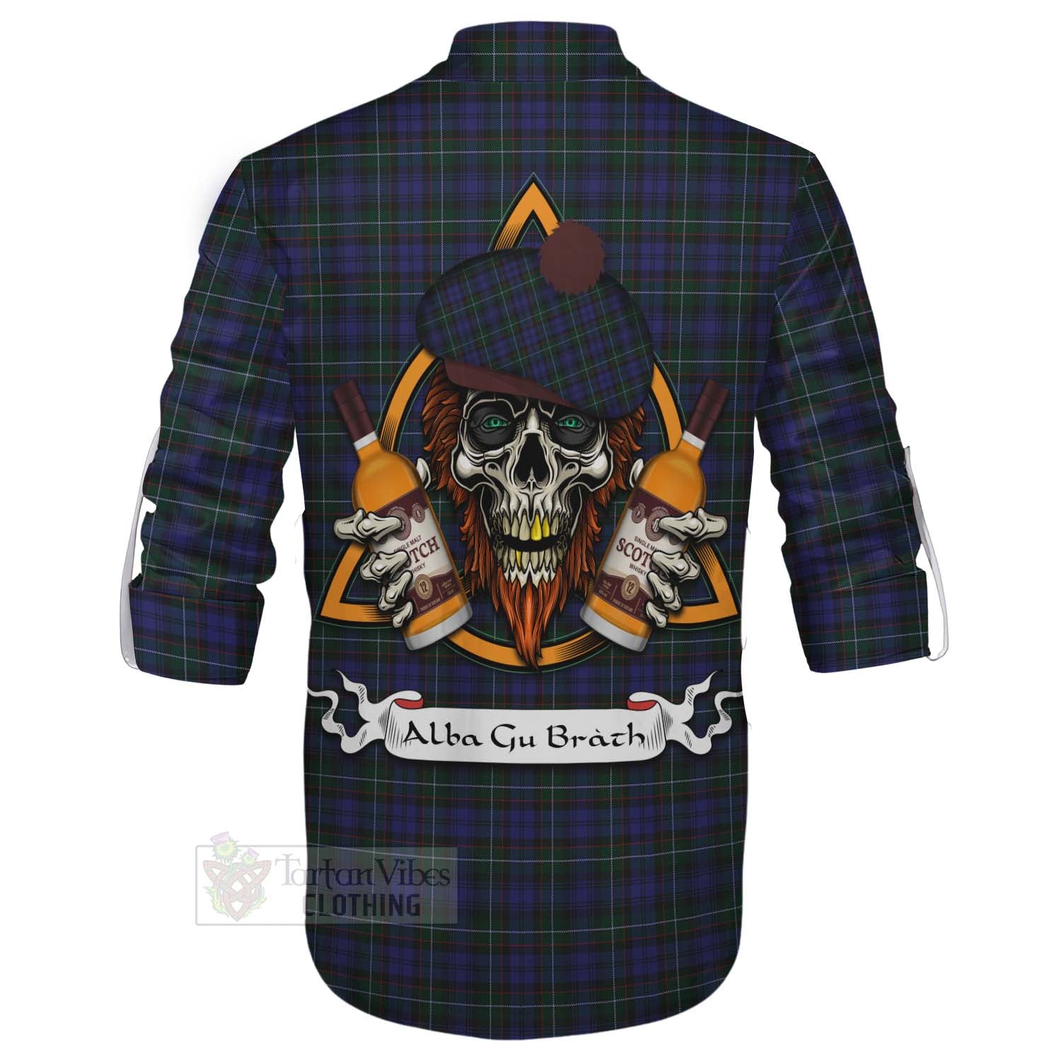 Tartan Vibes Clothing Sempill (Semple) Tartan Ghillie Kilt Shirt with Family Crest and Bearded Skull Holding Bottles of Whiskey