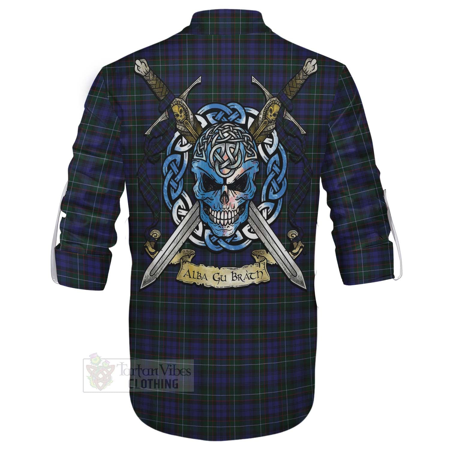 Tartan Vibes Clothing Sempill (Semple) Tartan Ghillie Kilt Shirt with Family Crest Celtic Skull Style