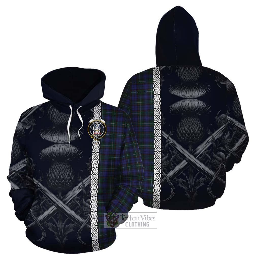 Tartan Vibes Clothing Sempill (Semple) Tartan Cotton Hoodie with Family Crest Cross Sword Thistle Celtic Vibes