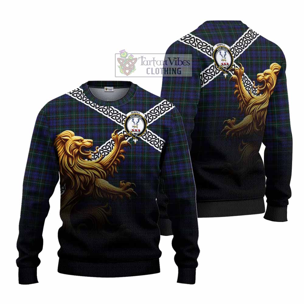 Sempill (Semple) Crest Tartan Knitted Sweater with Golden Lion Emblem Celtic Style - Tartan Vibes Clothing