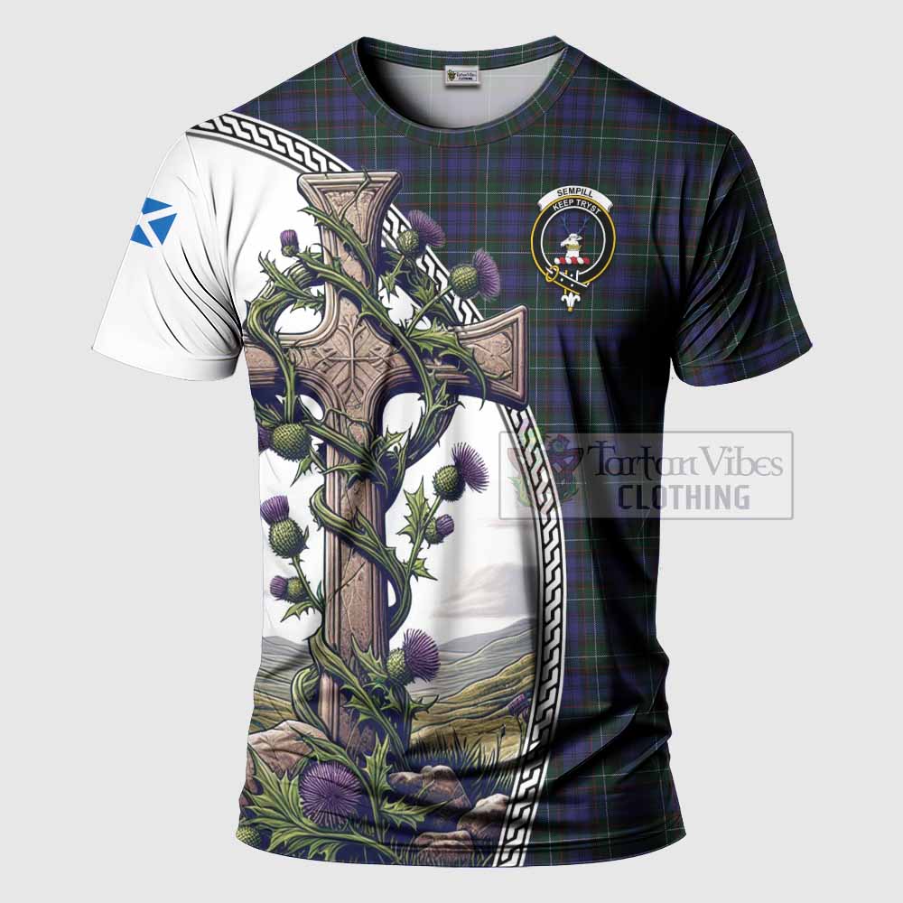 Tartan Vibes Clothing Sempill (Semple) Agnew Tartan T-Shirt with Family Crest and St. Andrew's Cross Accented by Thistle Vines