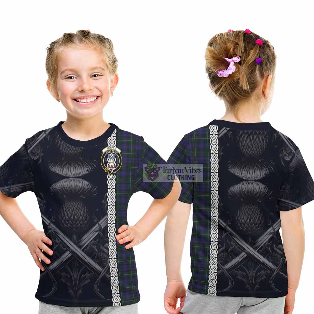 Tartan Vibes Clothing Sempill (Semple) Tartan Kid T-Shirt with Family Crest Cross Sword Thistle Celtic Vibes