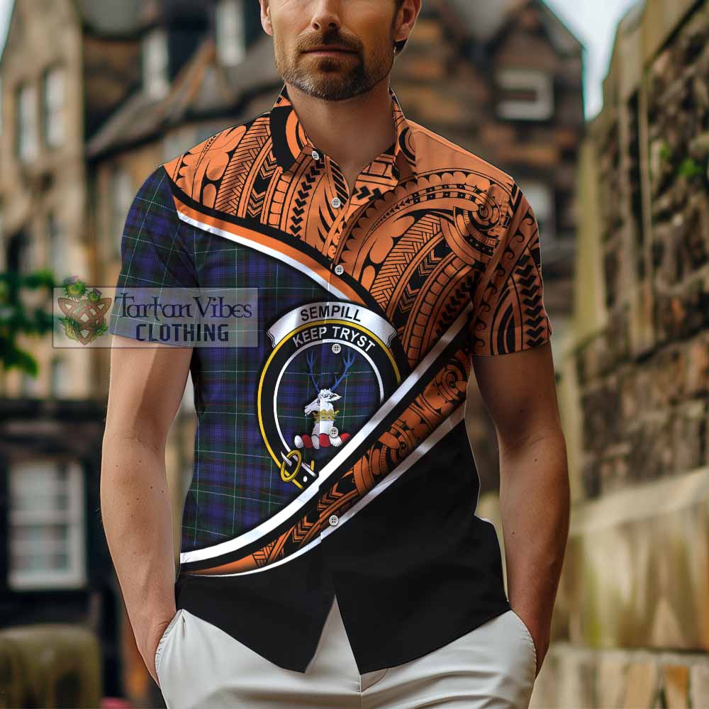 Tartan Vibes Clothing Sempill (Semple) Crest Tartan Short Sleeve Button Shirt with Maori Tattoo Style - Orange Version