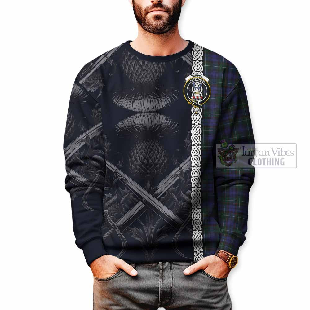 Tartan Vibes Clothing Sempill (Semple) Tartan Sweatshirt with Family Crest Cross Sword Thistle Celtic Vibes