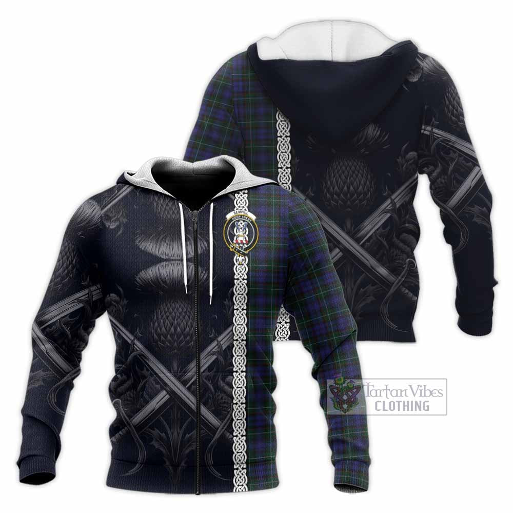 Tartan Vibes Clothing Sempill (Semple) Tartan Knitted Hoodie with Family Crest Cross Sword Thistle Celtic Vibes