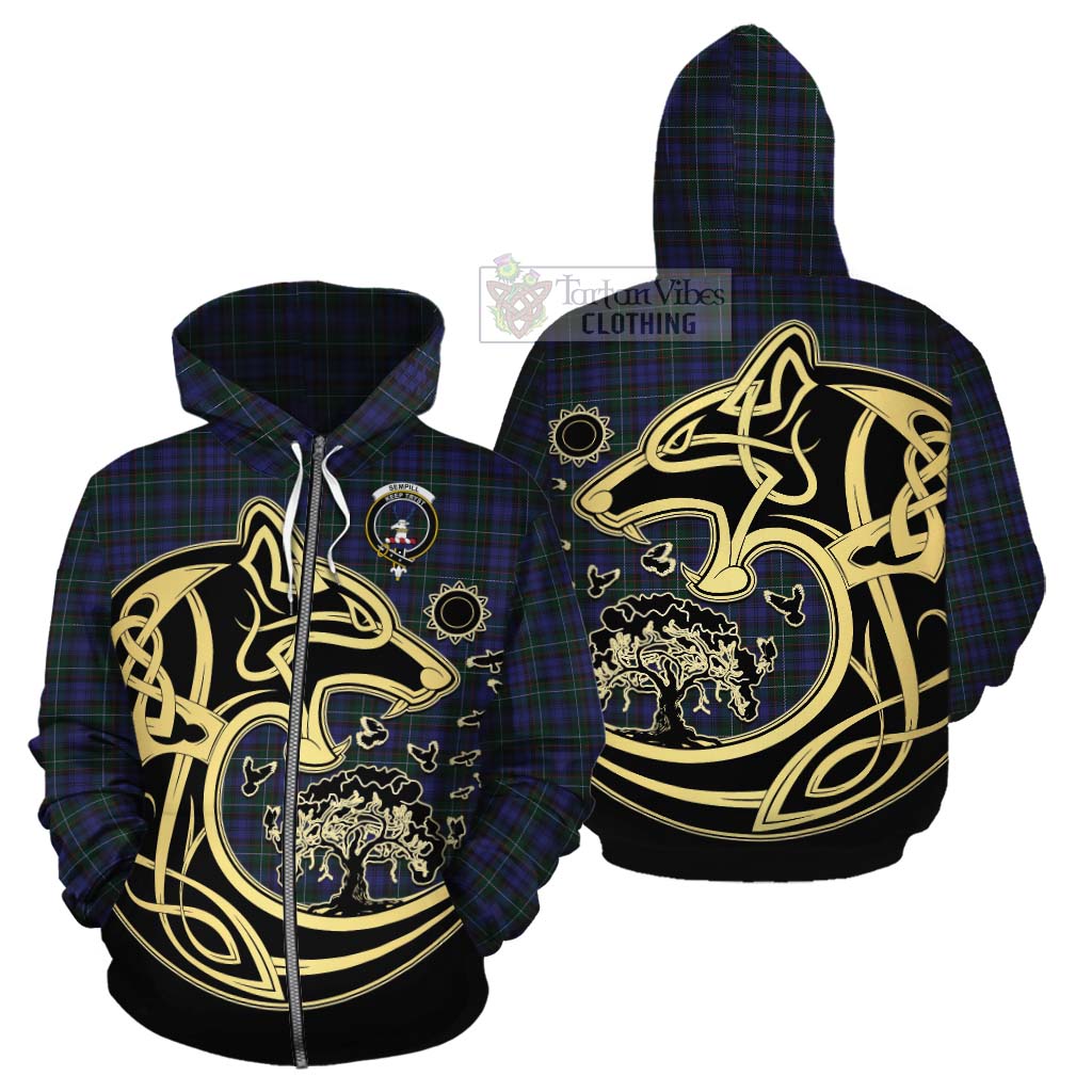 Tartan Vibes Clothing Sempill (Semple) Tartan Cotton Hoodie with Family Crest Celtic Wolf Style