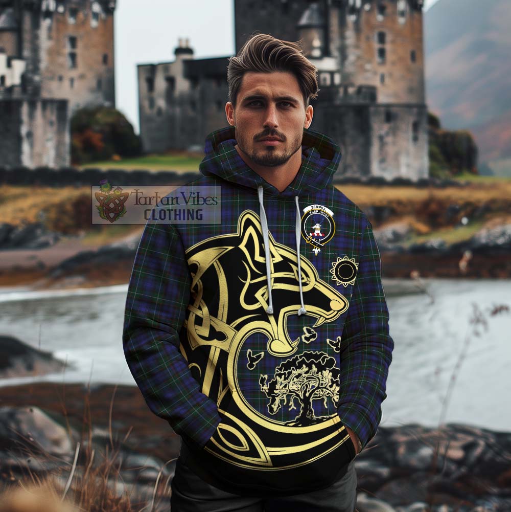 Tartan Vibes Clothing Sempill (Semple) Tartan Cotton Hoodie with Family Crest Celtic Wolf Style