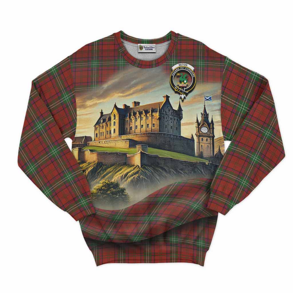 Seton Tartan Family Crest Sweatshirt with Scottish Ancient Castle Style Unisex - Tartan Vibes Clothing