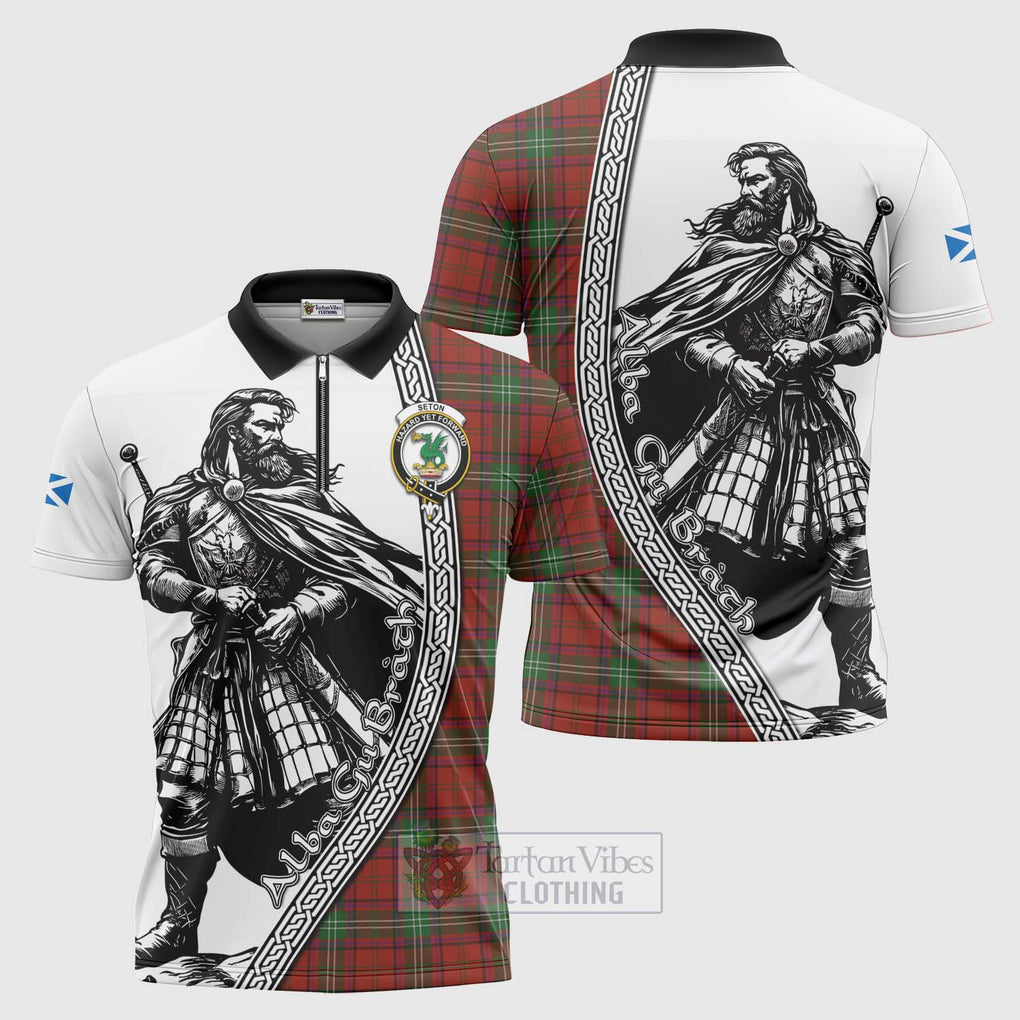 Seton Tartan Clan Crest Zipper Polo Shirt with Highlander Warrior Celtic Style Unisex - Tartan Vibes Clothing