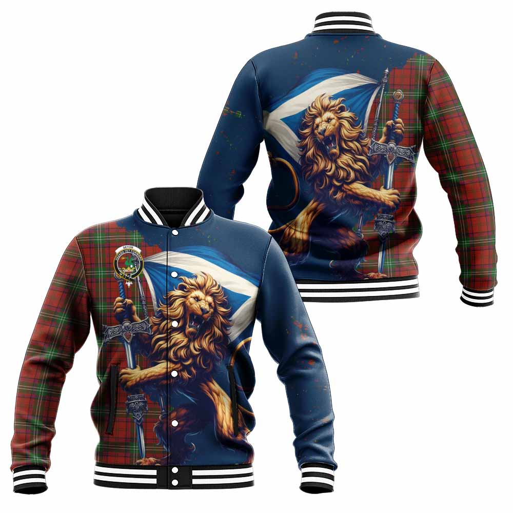 Seton Tartan Family Crest Baseball Jacket with Scottish Majestic Lion Unisex - Tartan Vibes Clothing