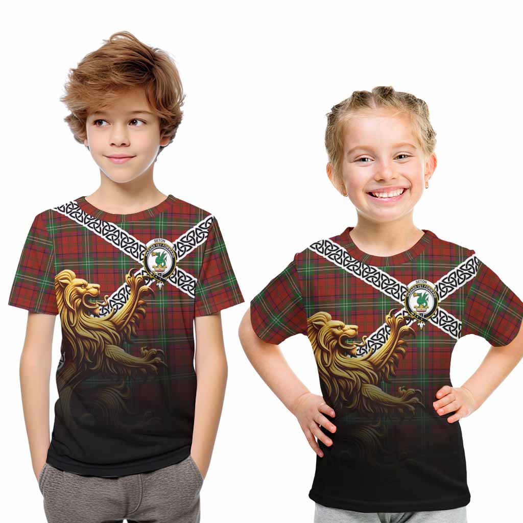 Seton Crest Tartan Kid T-Shirt with Golden Lion Emblem Celtic Style Youth XL Size14 - Tartan Vibes Clothing