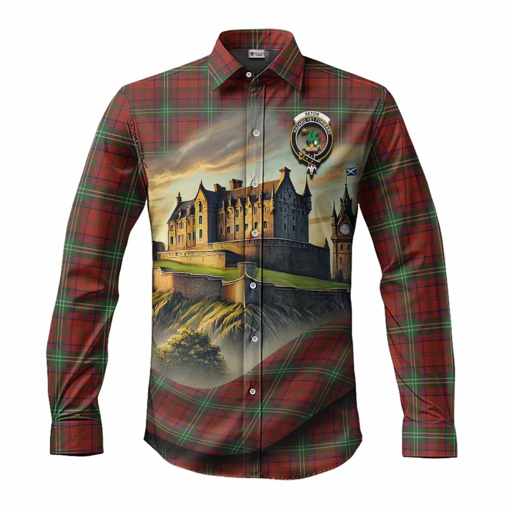 Seton Tartan Family Crest Long Sleeve Button Shirt with Scottish Ancient Castle Style Men's Shirt S - Tartan Vibes Clothing