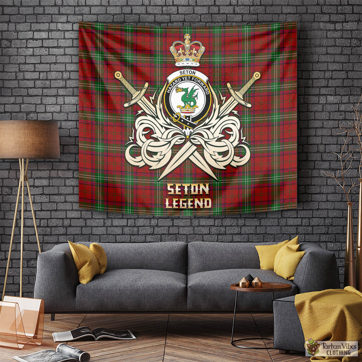Seton Tartan Tapestry with Clan Crest and the Golden Sword of Courageous Legacy Tapestry - Tartan Vibes Clothing