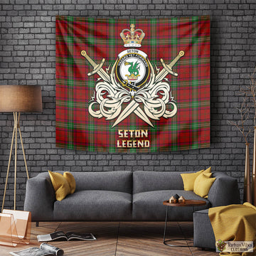 Seton Tartan Tapestry with Clan Crest and the Golden Sword of Courageous Legacy Tapestry - Tartan Vibes Clothing