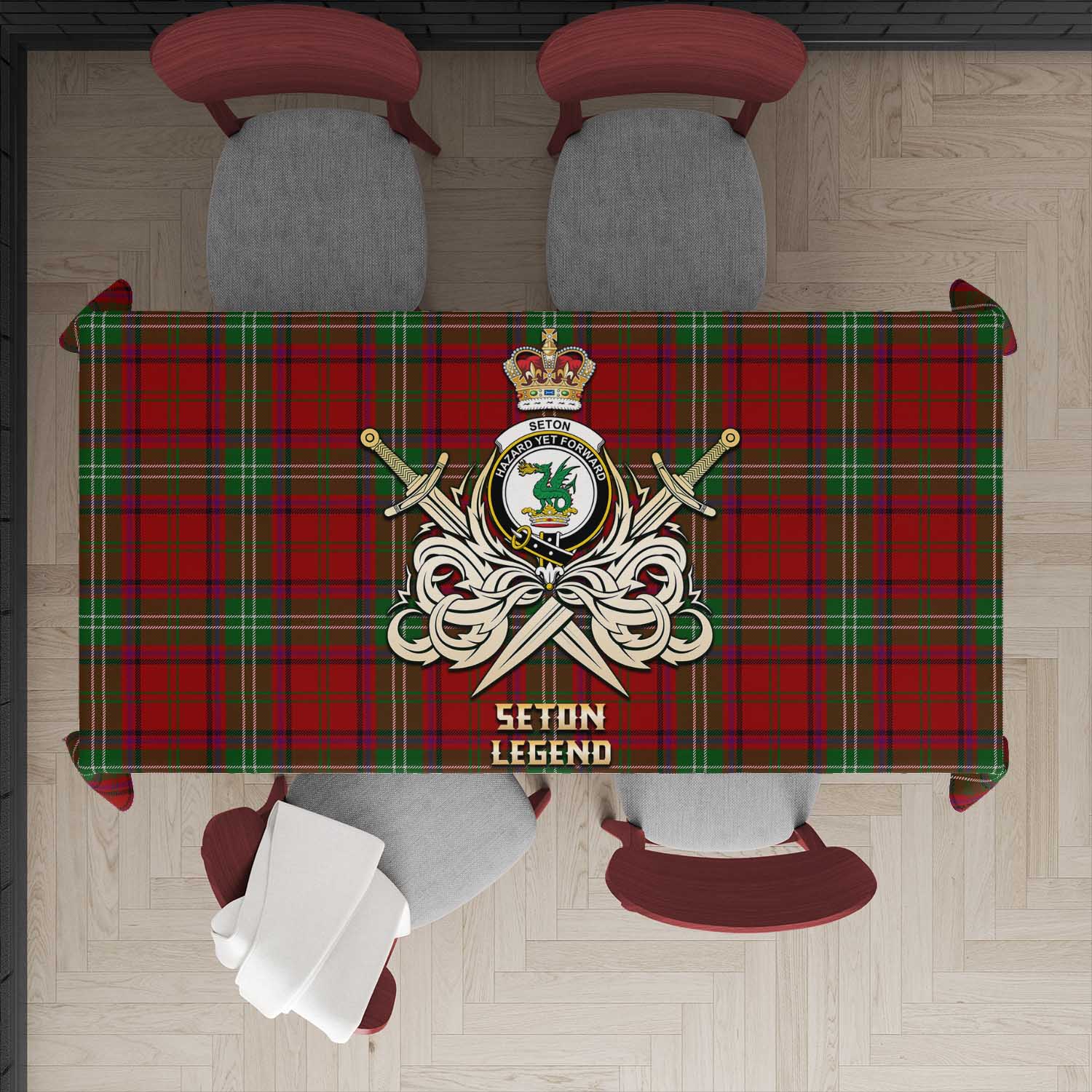 Tartan Vibes Clothing Seton Tartan Tablecloth with Clan Crest and the Golden Sword of Courageous Legacy