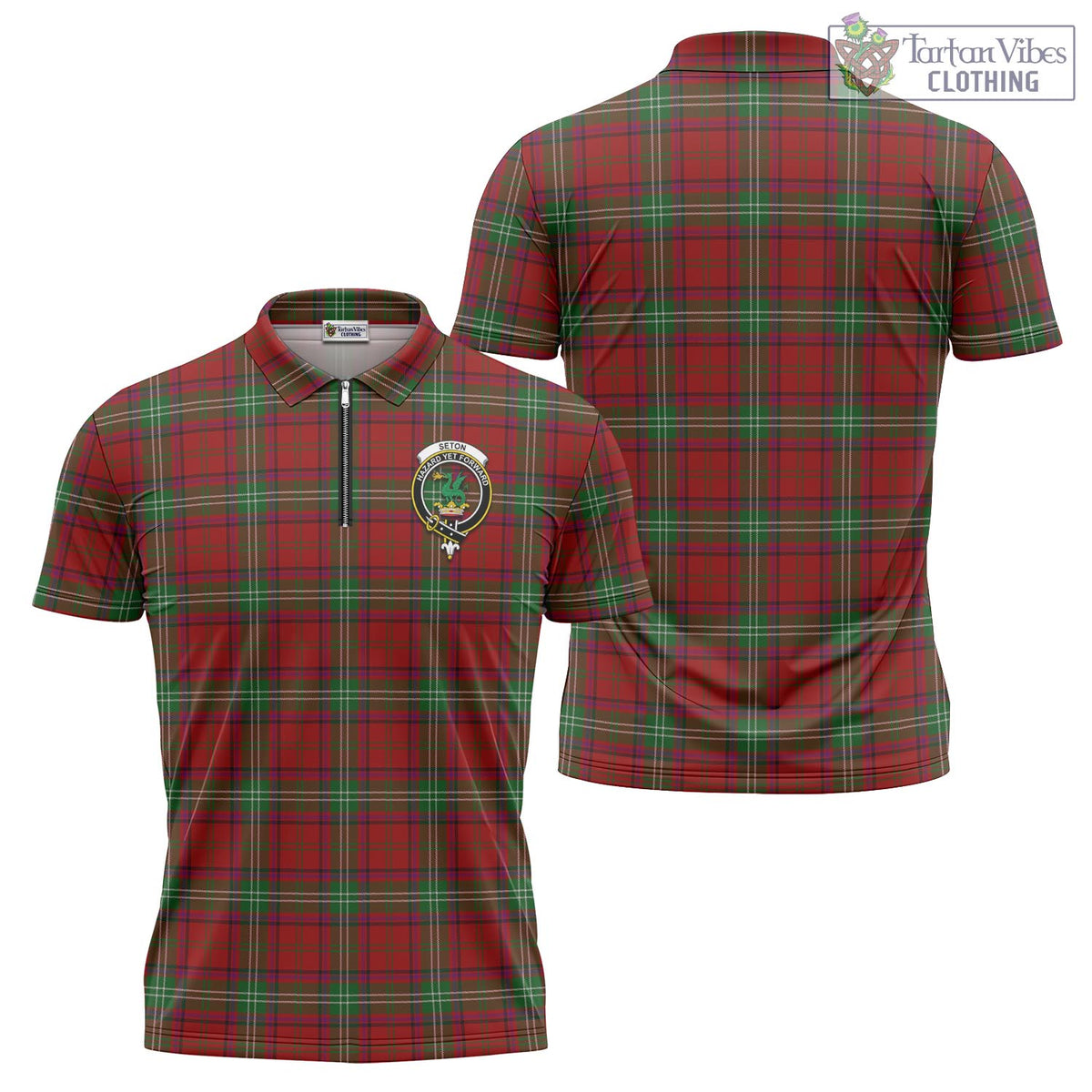 Seton Tartan Zipper Polo Shirt with Family Crest - Tartan Vibes Clothing