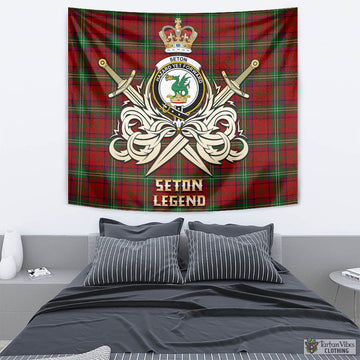 Seton Tartan Tapestry with Clan Crest and the Golden Sword of Courageous Legacy - Tartan Vibes Clothing