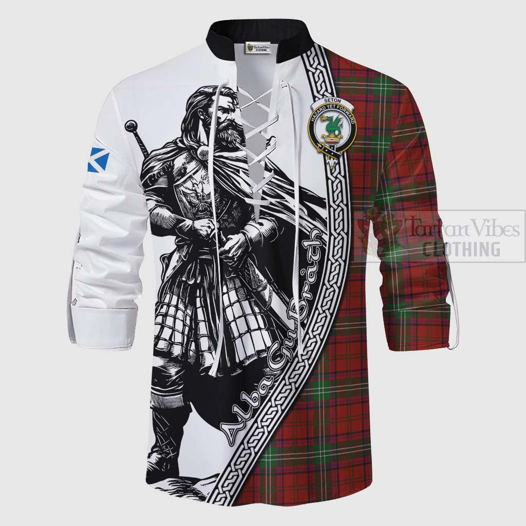 Seton Tartan Clan Crest Ghillie Kilt Shirt with Highlander Warrior Celtic Style - Tartan Vibes Clothing