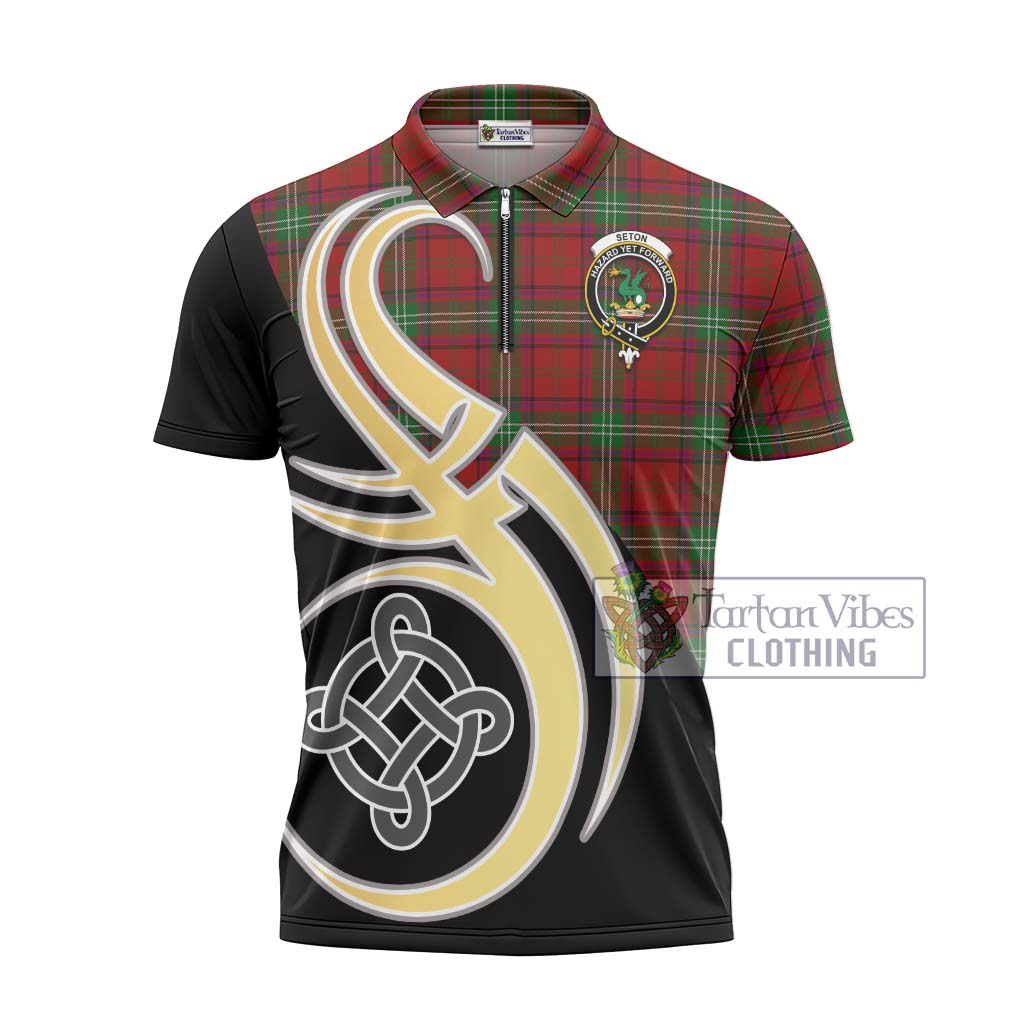 Seton Tartan Zipper Polo Shirt with Family Crest and Celtic Symbol Style - Tartan Vibes Clothing