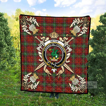 Seton Tartan Quilt with Family Crest and Scottish Golden Courage Shield