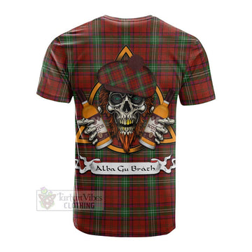 Seton Tartan Cotton T-shirt with Family Crest and Bearded Skull Holding Bottles of Whiskey