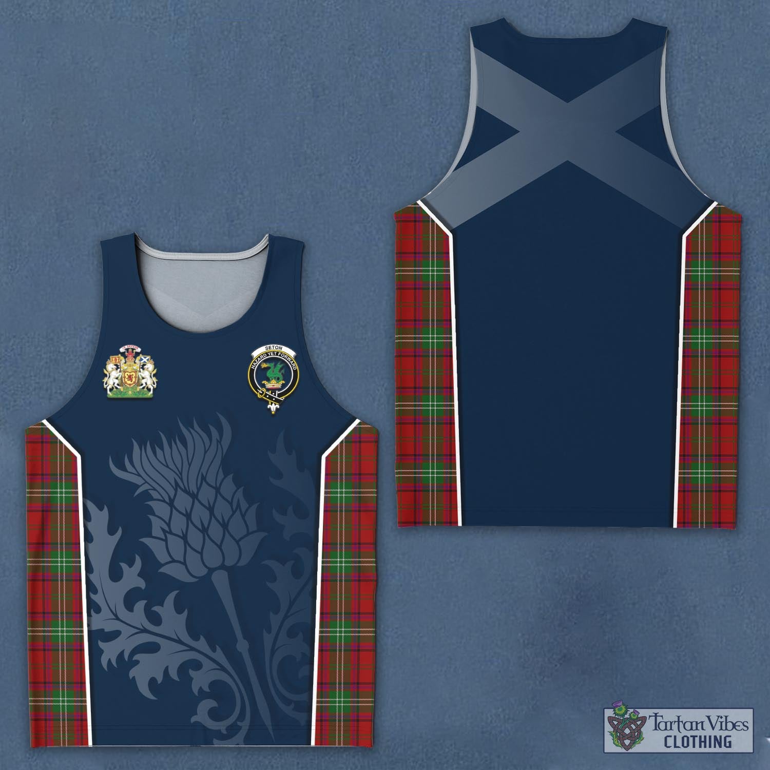 Tartan Vibes Clothing Seton Tartan Men's Tanks Top with Family Crest and Scottish Thistle Vibes Sport Style