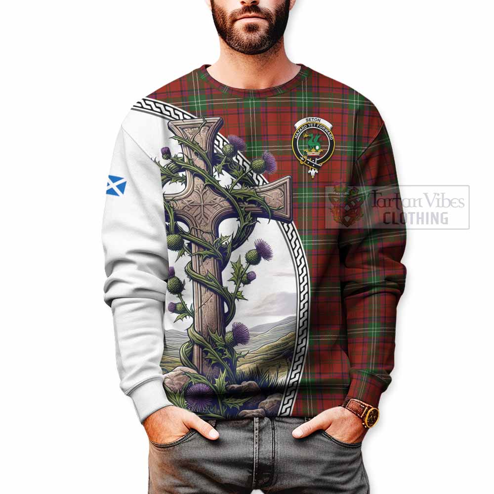 Tartan Vibes Clothing Seton Tartan Sweatshirt with Family Crest and St. Andrew's Cross Accented by Thistle Vines