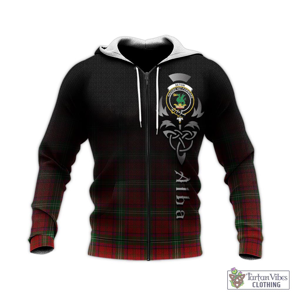 Tartan Vibes Clothing Seton Tartan Knitted Hoodie Featuring Alba Gu Brath Family Crest Celtic Inspired