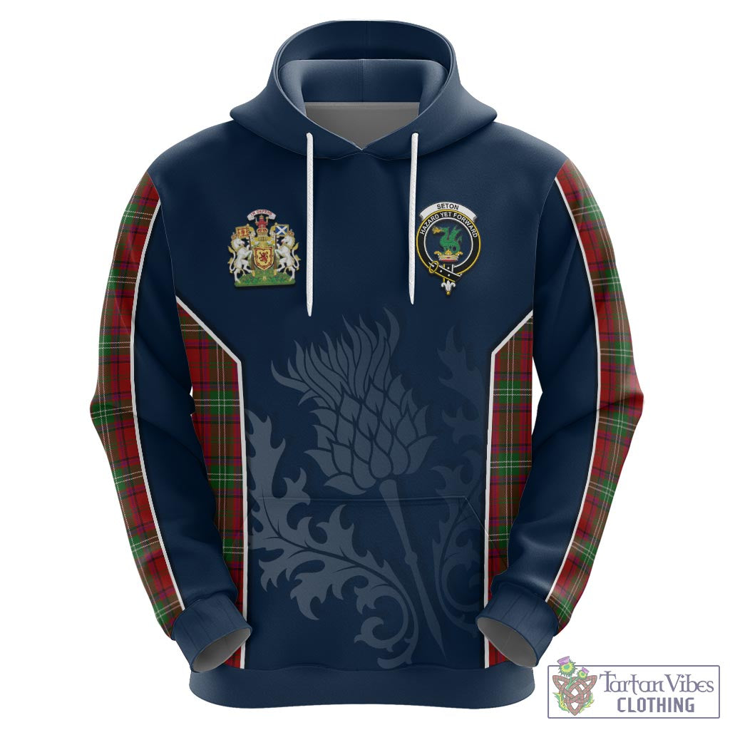 Tartan Vibes Clothing Seton Tartan Hoodie with Family Crest and Scottish Thistle Vibes Sport Style