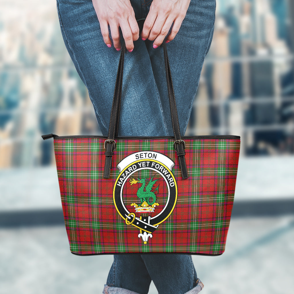 Seton Tartan Leather Tote Bag with Family Crest - Tartan Vibes Clothing