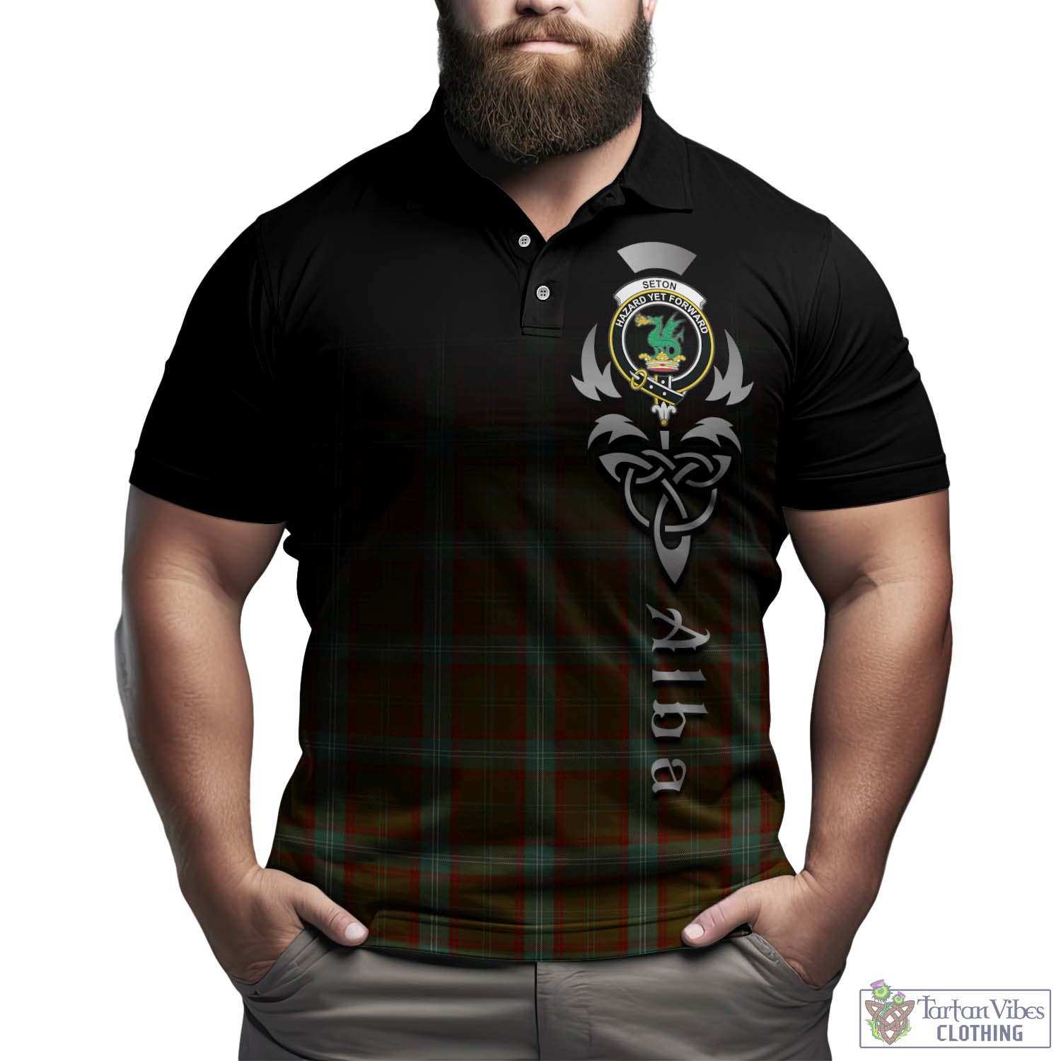 Tartan Vibes Clothing Seton Hunting Tartan Polo Shirt Featuring Alba Gu Brath Family Crest Celtic Inspired