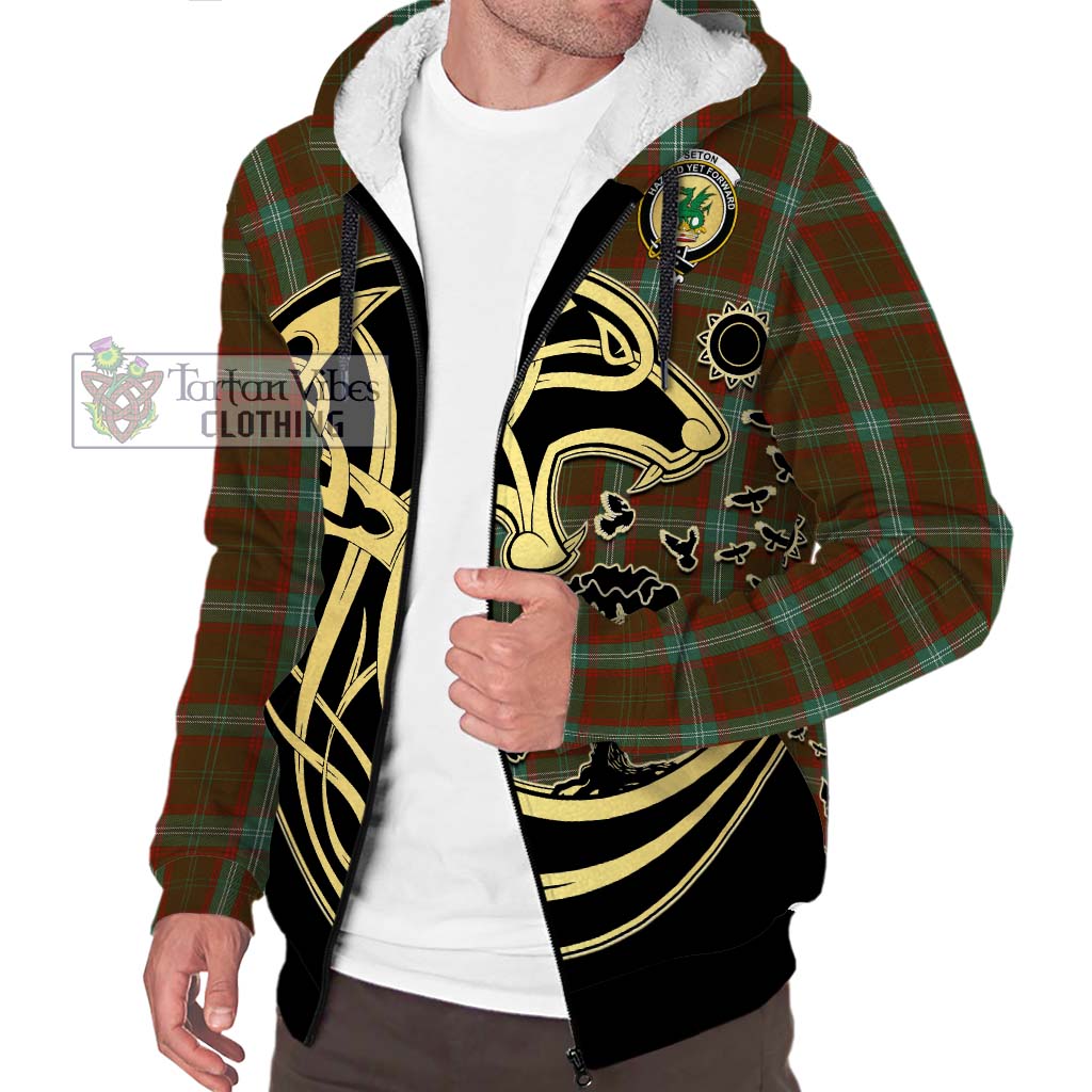 Tartan Vibes Clothing Seton Hunting Tartan Sherpa Hoodie with Family Crest Celtic Wolf Style