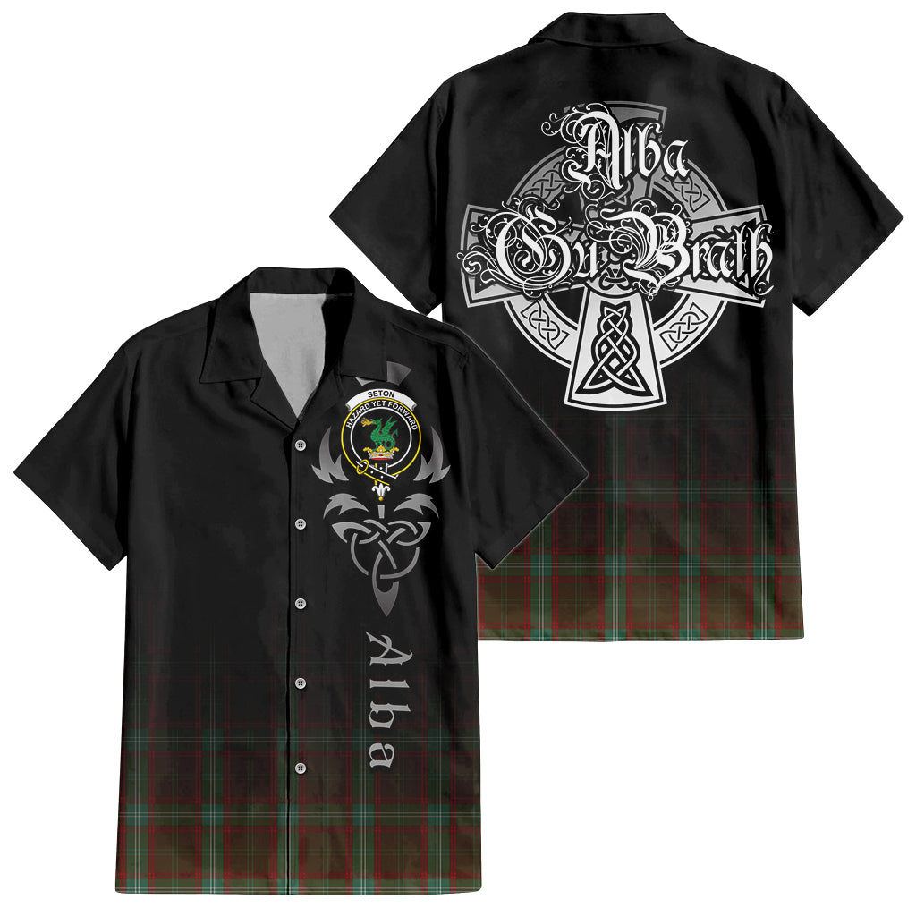Tartan Vibes Clothing Seton Hunting Tartan Short Sleeve Button Up Featuring Alba Gu Brath Family Crest Celtic Inspired