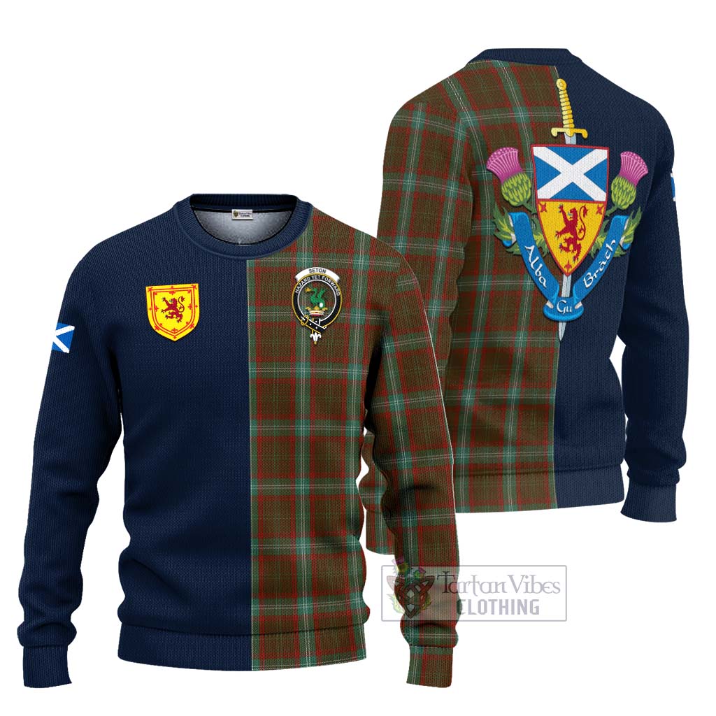 Tartan Vibes Clothing Seton Hunting Tartan Knitted Sweater with Scottish Lion Royal Arm Half Style