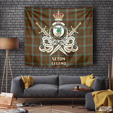 Seton Hunting Tartan Tapestry with Clan Crest and the Golden Sword of Courageous Legacy