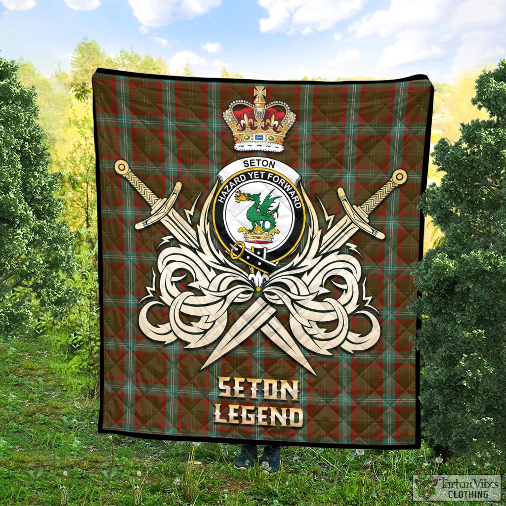 Tartan Vibes Clothing Seton Hunting Tartan Quilt with Clan Crest and the Golden Sword of Courageous Legacy