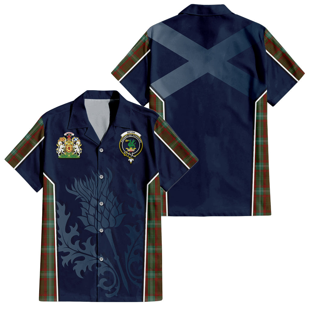 Tartan Vibes Clothing Seton Hunting Tartan Short Sleeve Button Up Shirt with Family Crest and Scottish Thistle Vibes Sport Style
