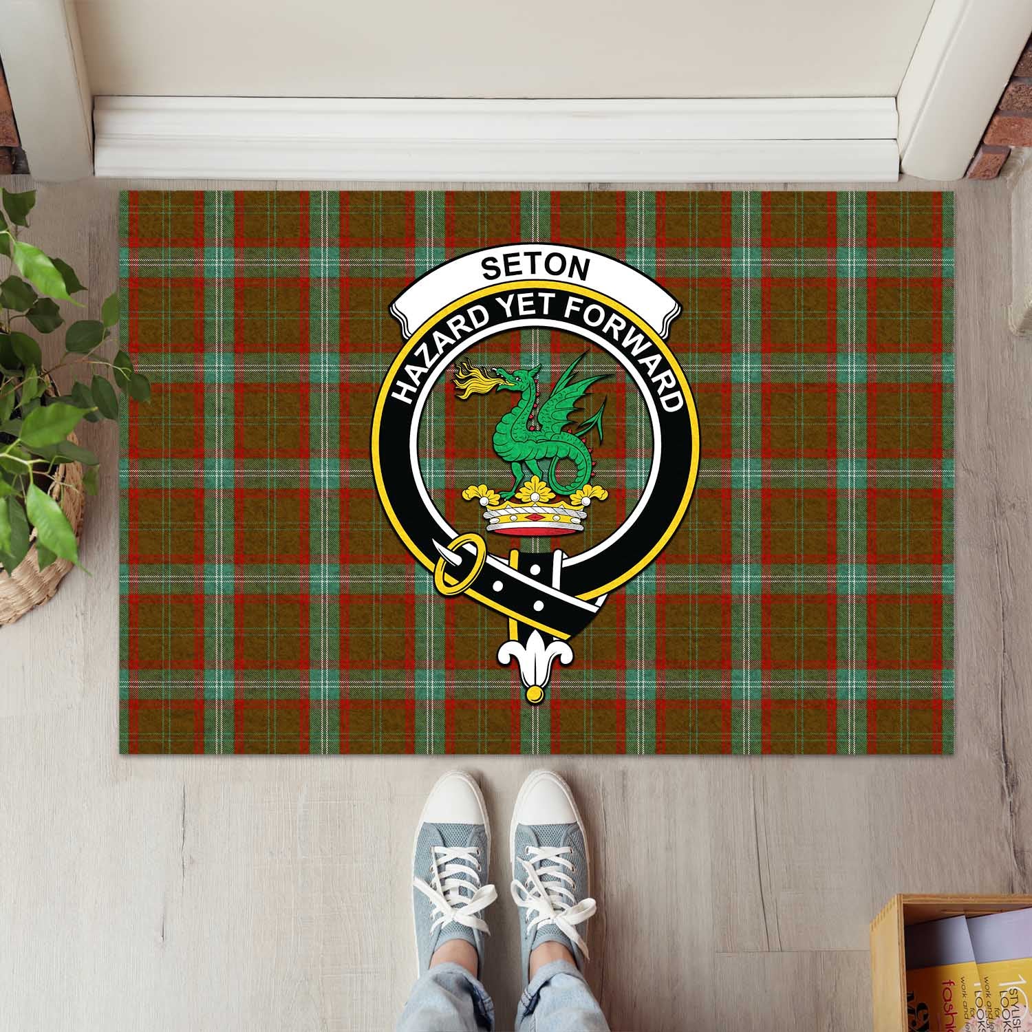 Seton Hunting Tartan Door Mat with Family Crest - Tartanvibesclothing Shop