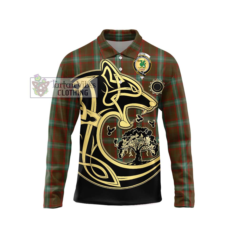 Tartan Vibes Clothing Seton Hunting Tartan Long Sleeve Polo Shirt with Family Crest Celtic Wolf Style