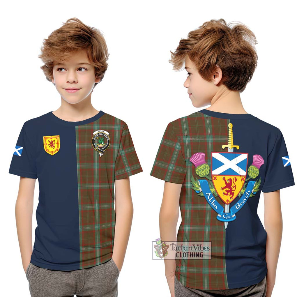 Tartan Vibes Clothing Seton Hunting Tartan Kid T-Shirt with Scottish Lion Royal Arm Half Style